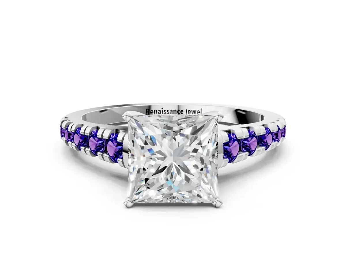 Princess Cut Diamond Cathedral Solitaire Ring with Round Tanzanite Pavé Band Platinum