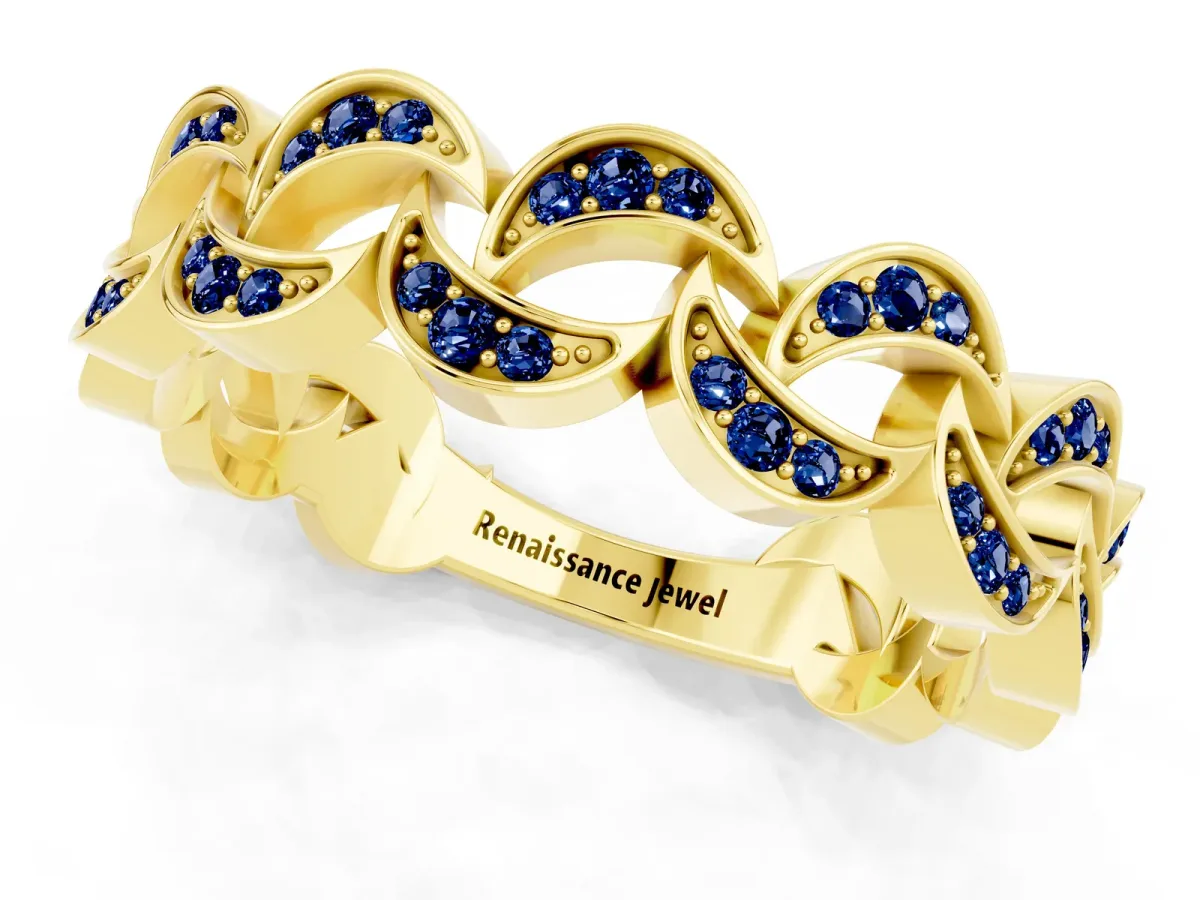 Pavé Round Blue Sapphire Interlocking Eternity Band with Bezel Prong Setting Yellow gold