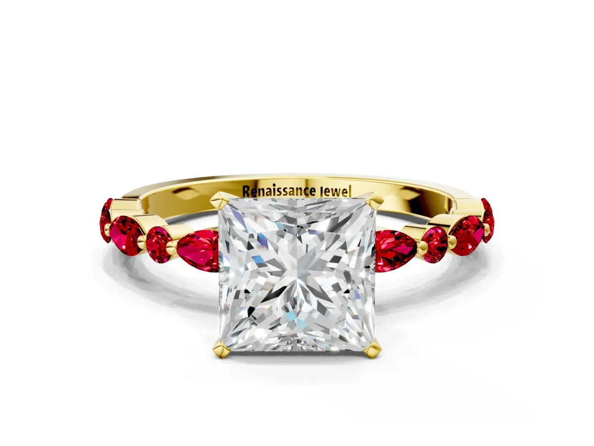Princess Cut Diamond Ring with Marquise and Round Ruby Side Stones and Four-Prong Setting Yellow gold
