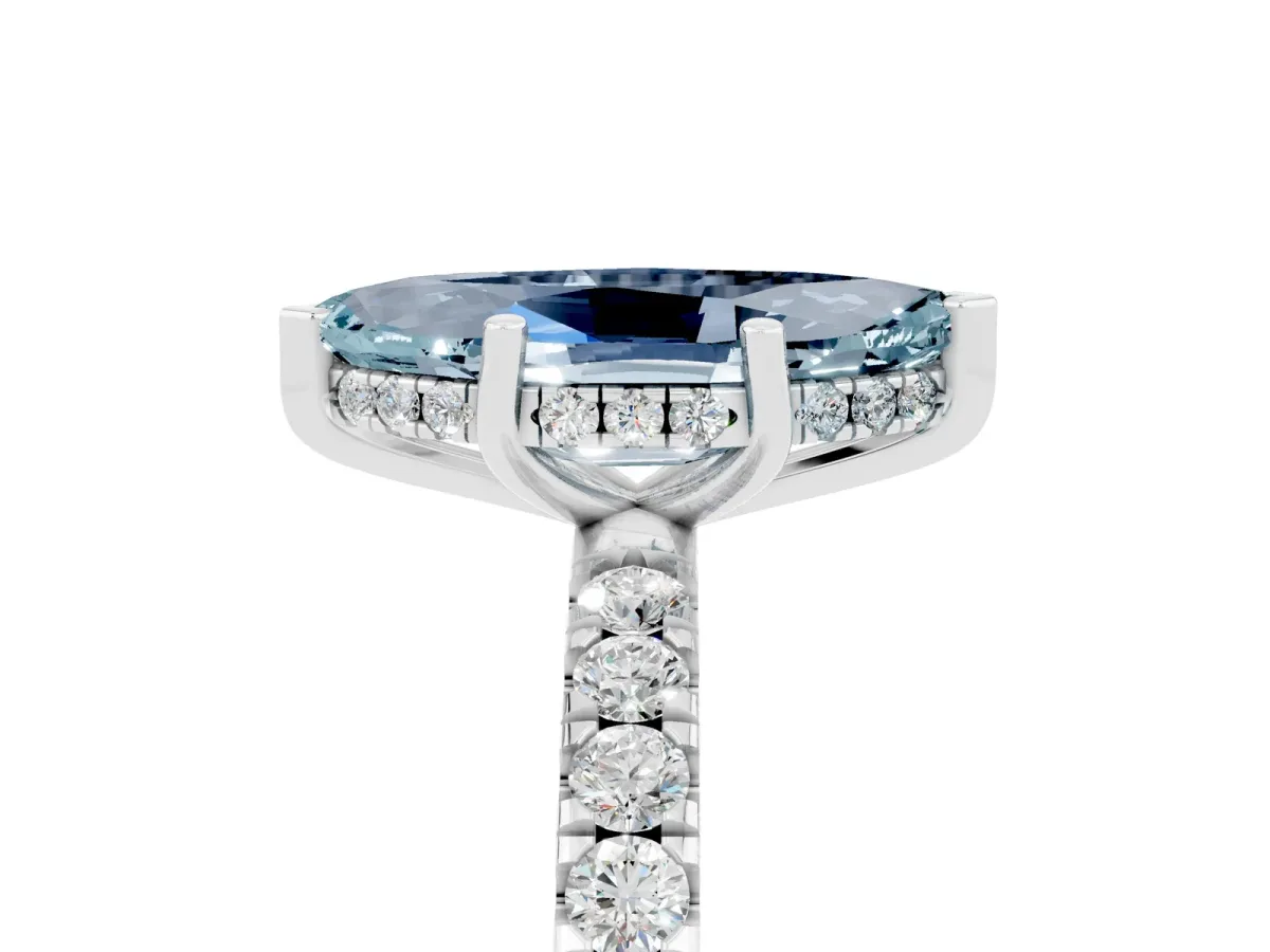 Marquise Cut Aquamarine Pave Band Solitaire Ring with Round and Prong Setting Silver