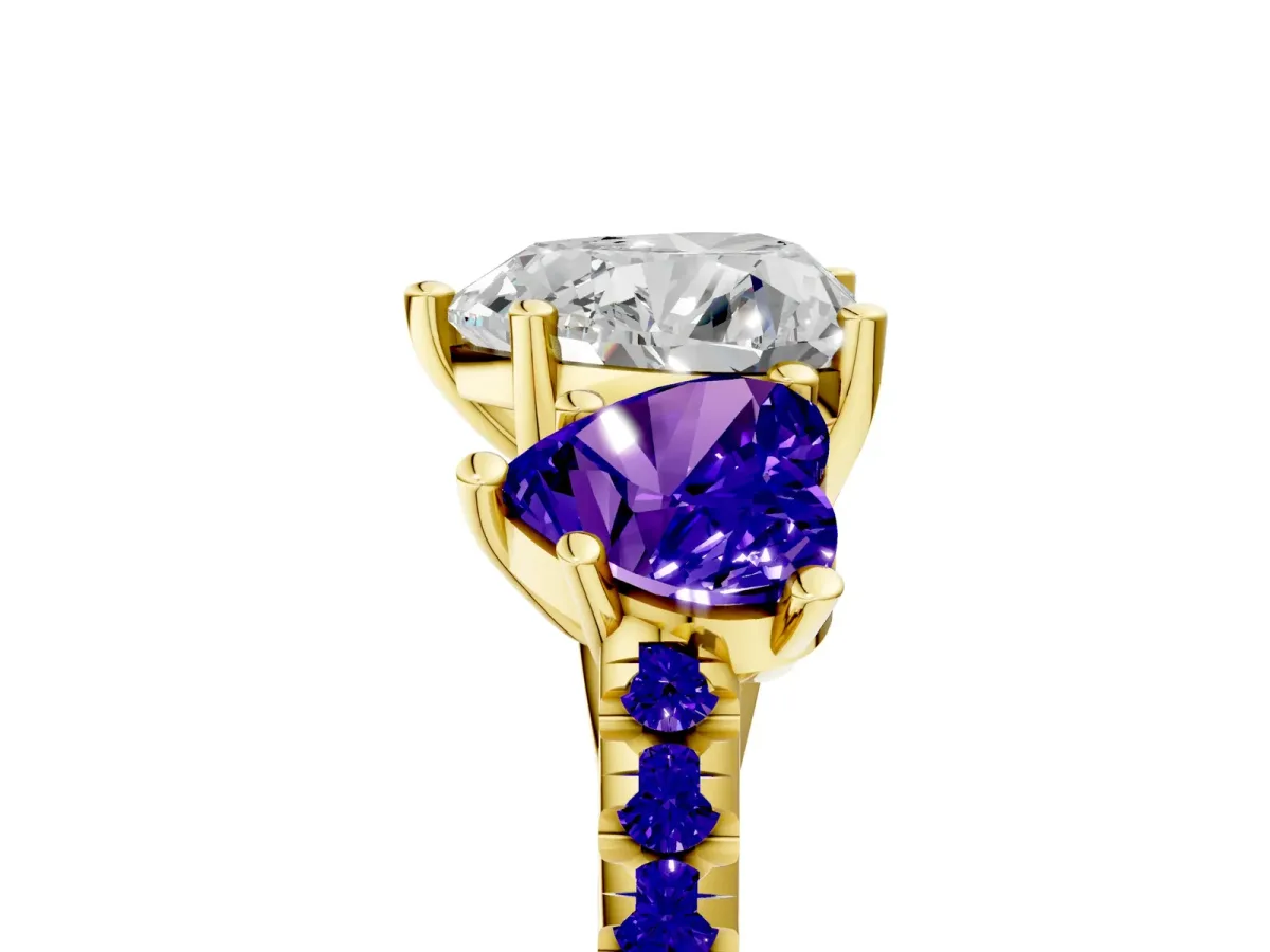 Three-Stone Heart Cut Diamond Ring with Round Tanzanite Pavé Band and Prong Setting Yellow gold