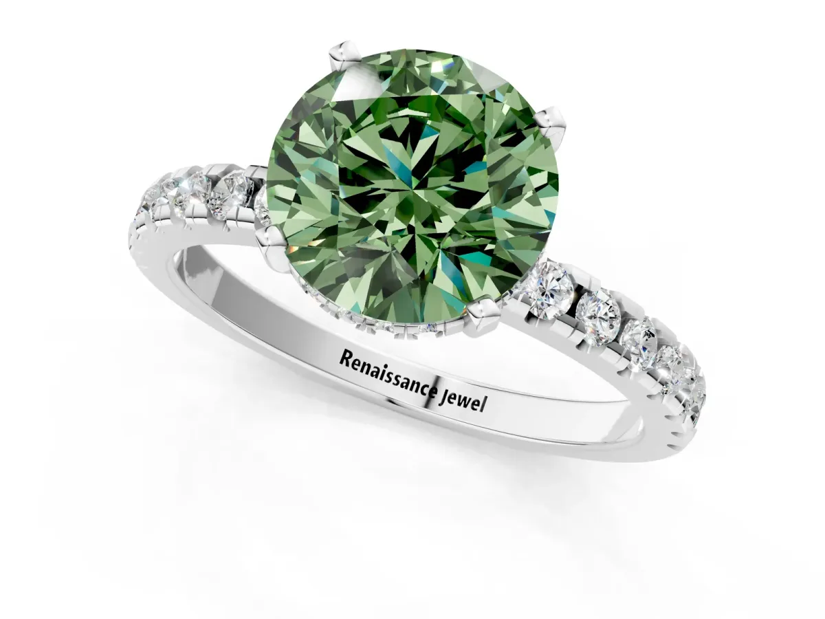 Fancy Green Round Cut Diamond Solitaire Ring with Round Pavé Band and Four-Prong Setting White gold