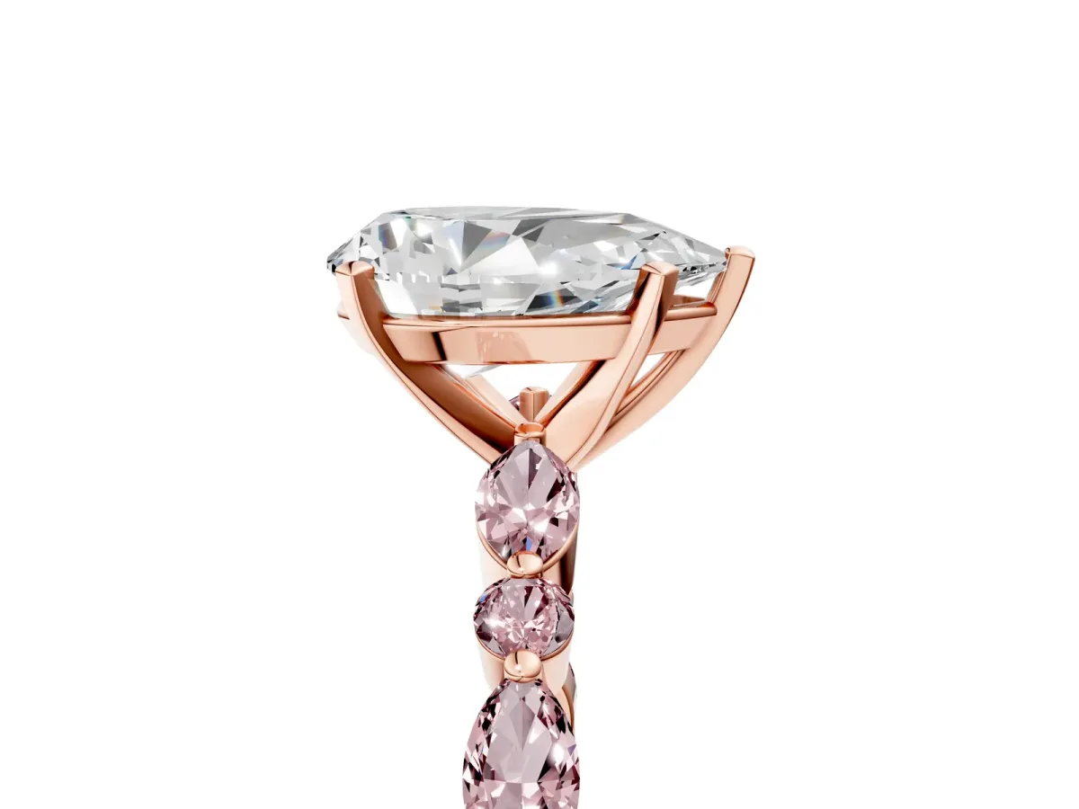 Pear Cut Diamond Ring with Marquise and Round Morganite Side Stones and Four-Prong Setting Rose gold