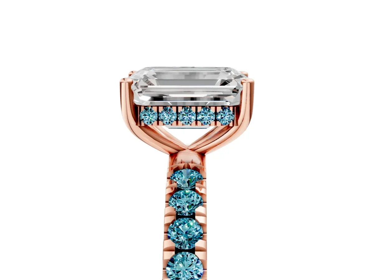 Emerald Cut Diamond Pave Band Solitaire Ring with Round Blue Topaz and Prong Setting Rose gold