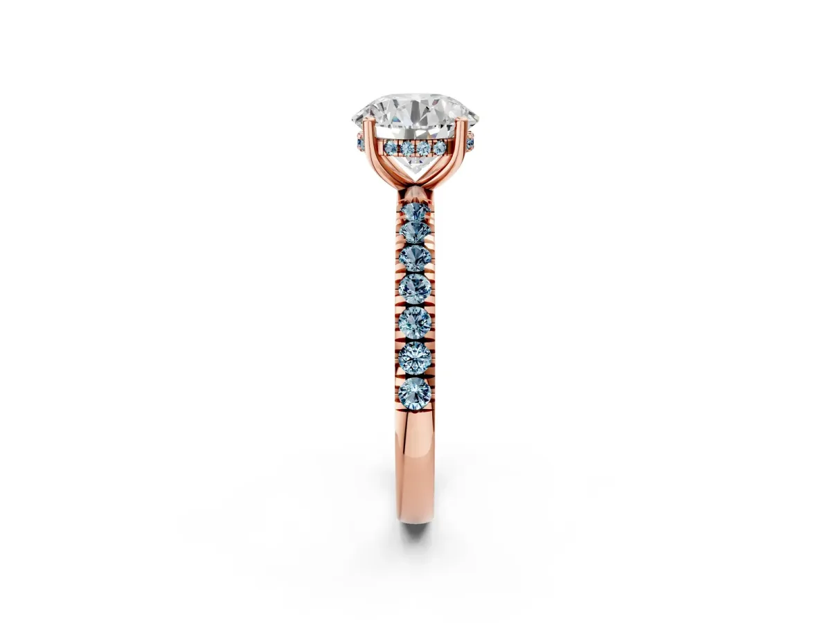 Round Cut Diamond Pave Band Solitaire Ring with Round Aquamarine and Prong Setting Rose gold