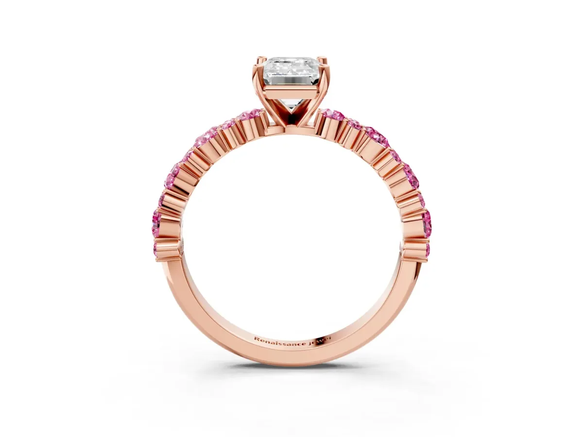Emerald Cut Diamond Side Stone Solitaire Ring with Round Pink Sapphire and Four-Prong Setting Rose gold