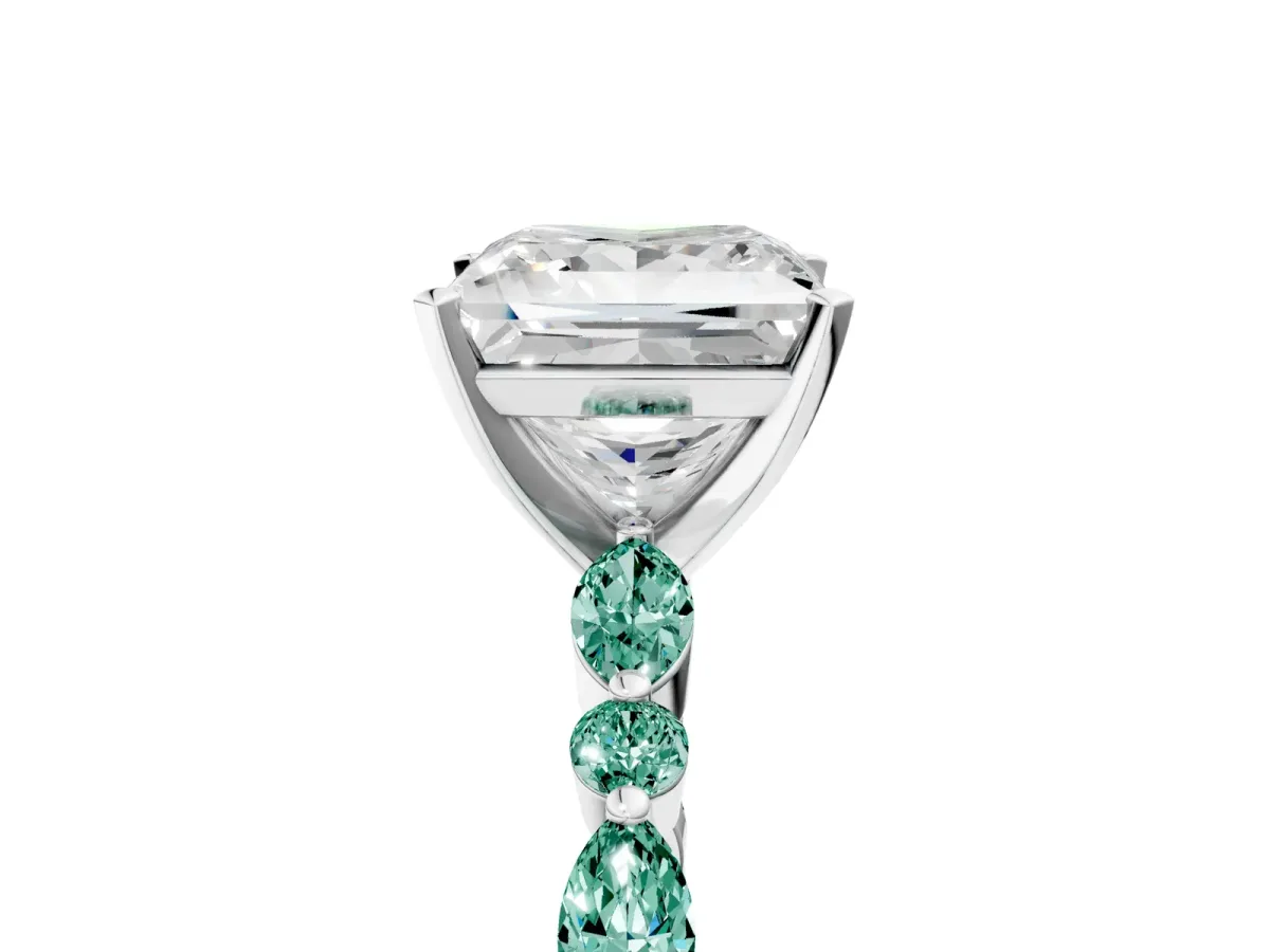 Princess Cut Diamond Ring with Marquise and Round Green Sapphire Side Stones and Four-Prong Setting Silver