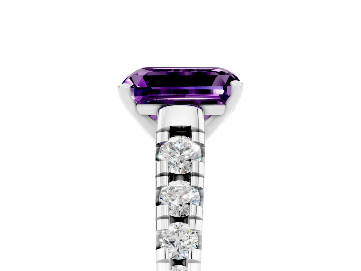 Emerald Cut Amethyst Cathedral Solitaire Ring with Round Pavé Band Silver