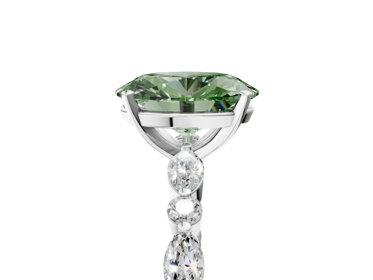 Fancy Green Oval Cut Diamond Ring with Marquise and Round Side Stones and Four-Prong Setting Platinum