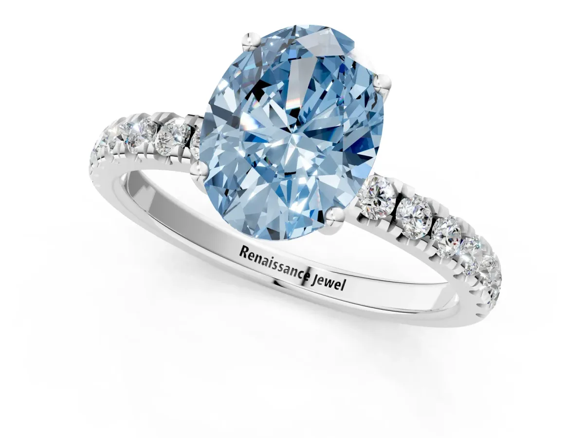 Fancy Blue Oval Cut Diamond Pave Band Solitaire Ring with Round and Prong Setting Platinum