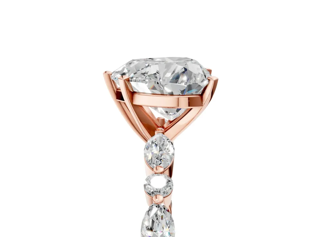 Heart Cut Diamond Ring with Marquise and Round Side Stones and Four-Prong Setting Rose gold