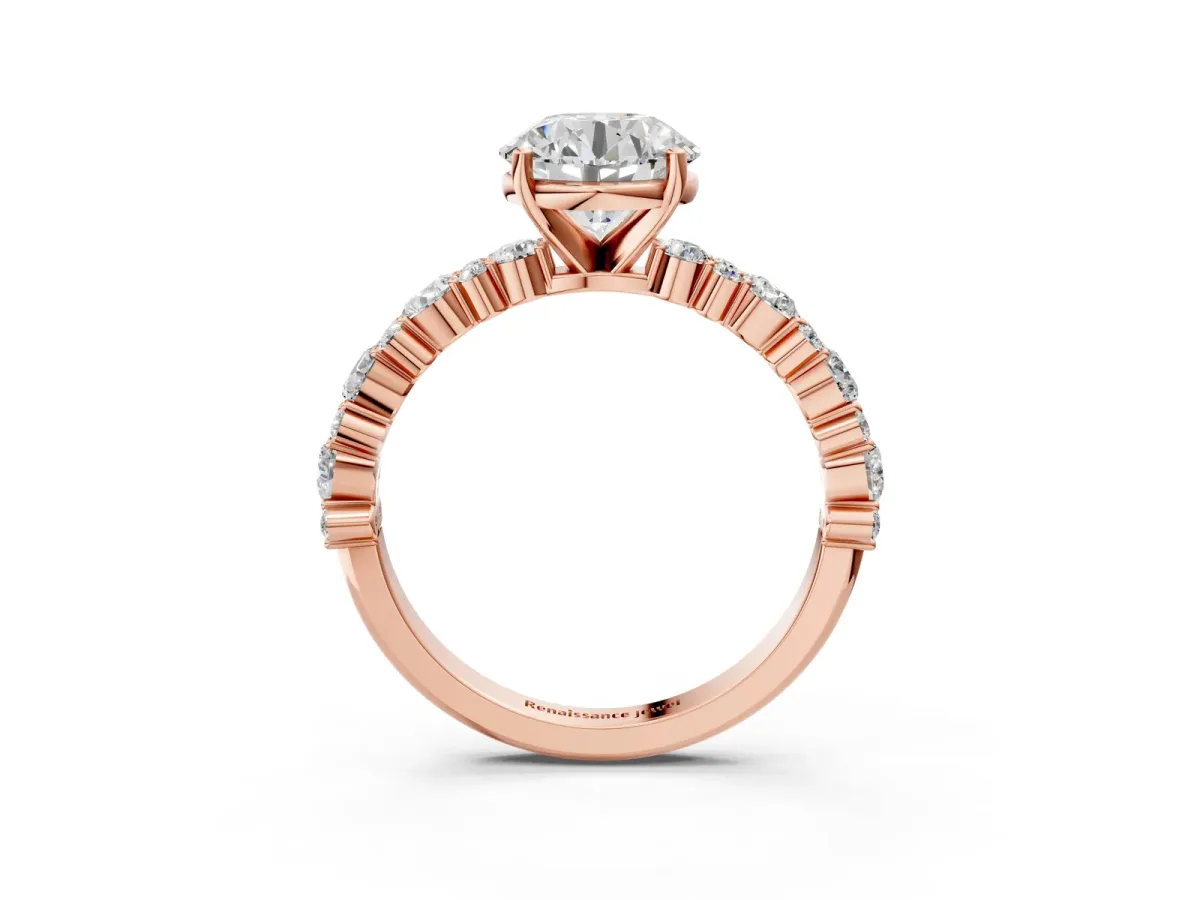 Round Cut Diamond Side Stone Solitaire Ring with Round and Four-Prong Setting Rose gold
