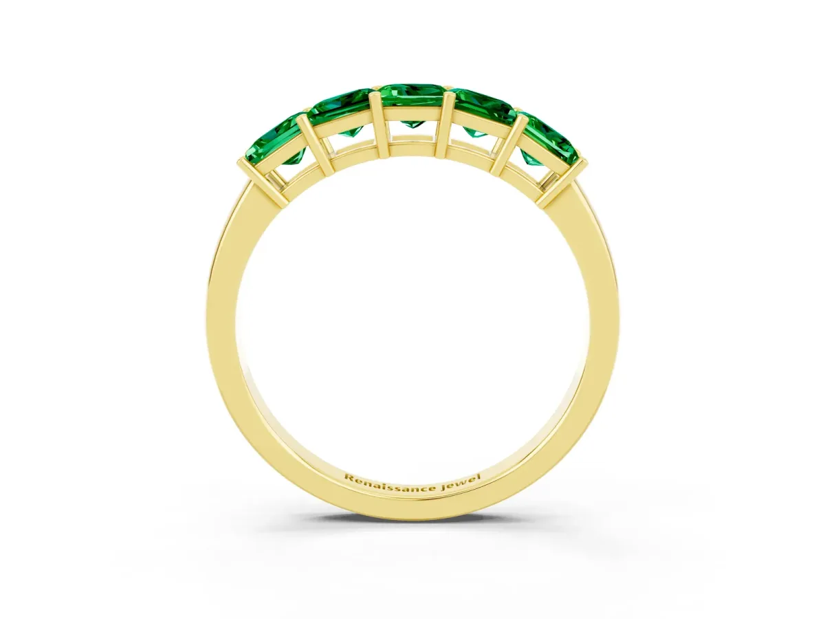 Princess Cut Five-Stone Emerald Band with Prong Setting Yellow gold