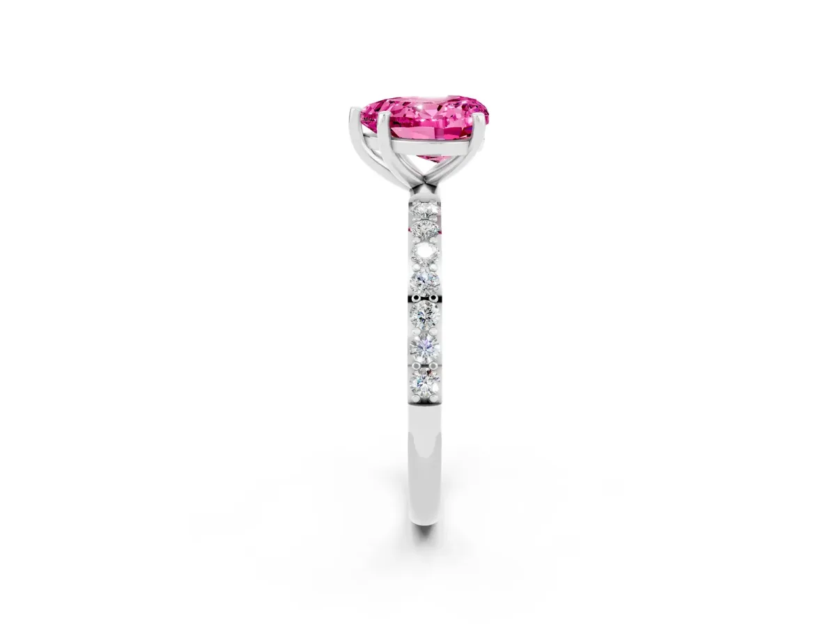 Heart Cut Pink Sapphire Solitaire Ring with Round Pavé Band and Prong Setting Platinum