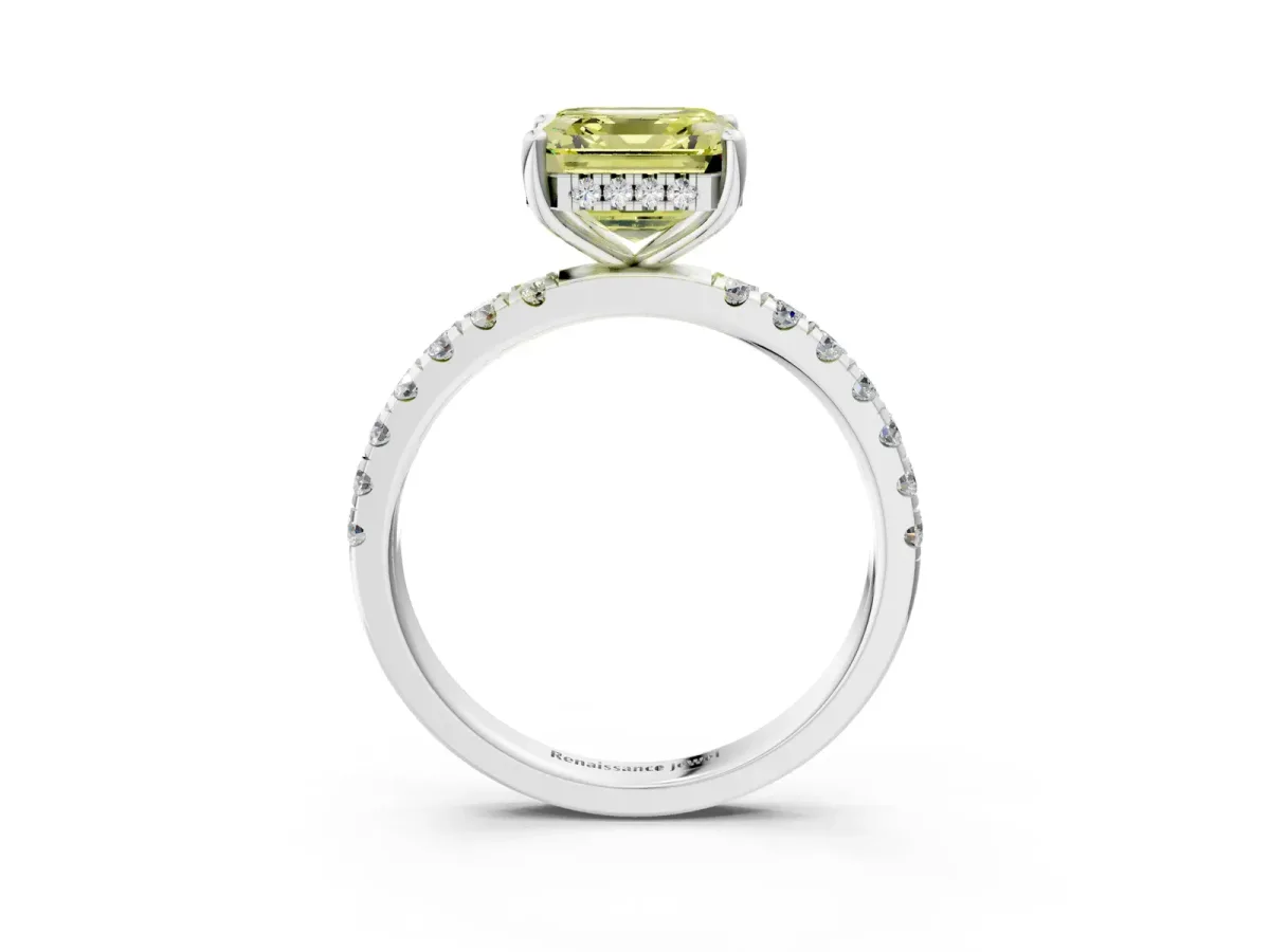 Fancy Yellow Asscher Cut Diamond Pave Band Solitaire Ring with Round and Prong Setting White gold