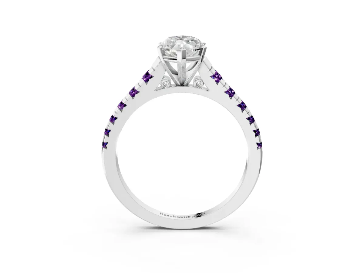 Marquise Cut Diamond Cathedral Solitaire Ring with Round Amethyst Pavé Band White gold