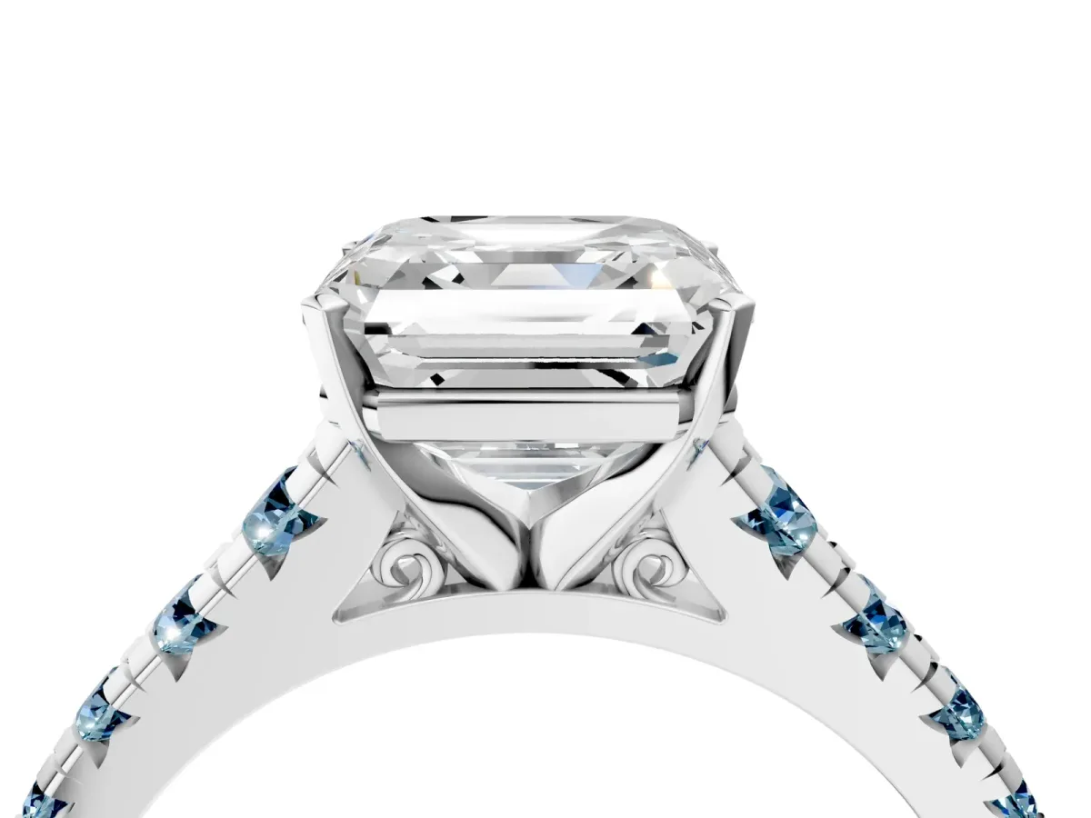 Asscher Cut Diamond Cathedral Solitaire Ring with Round Aquamarine Pavé Band Silver