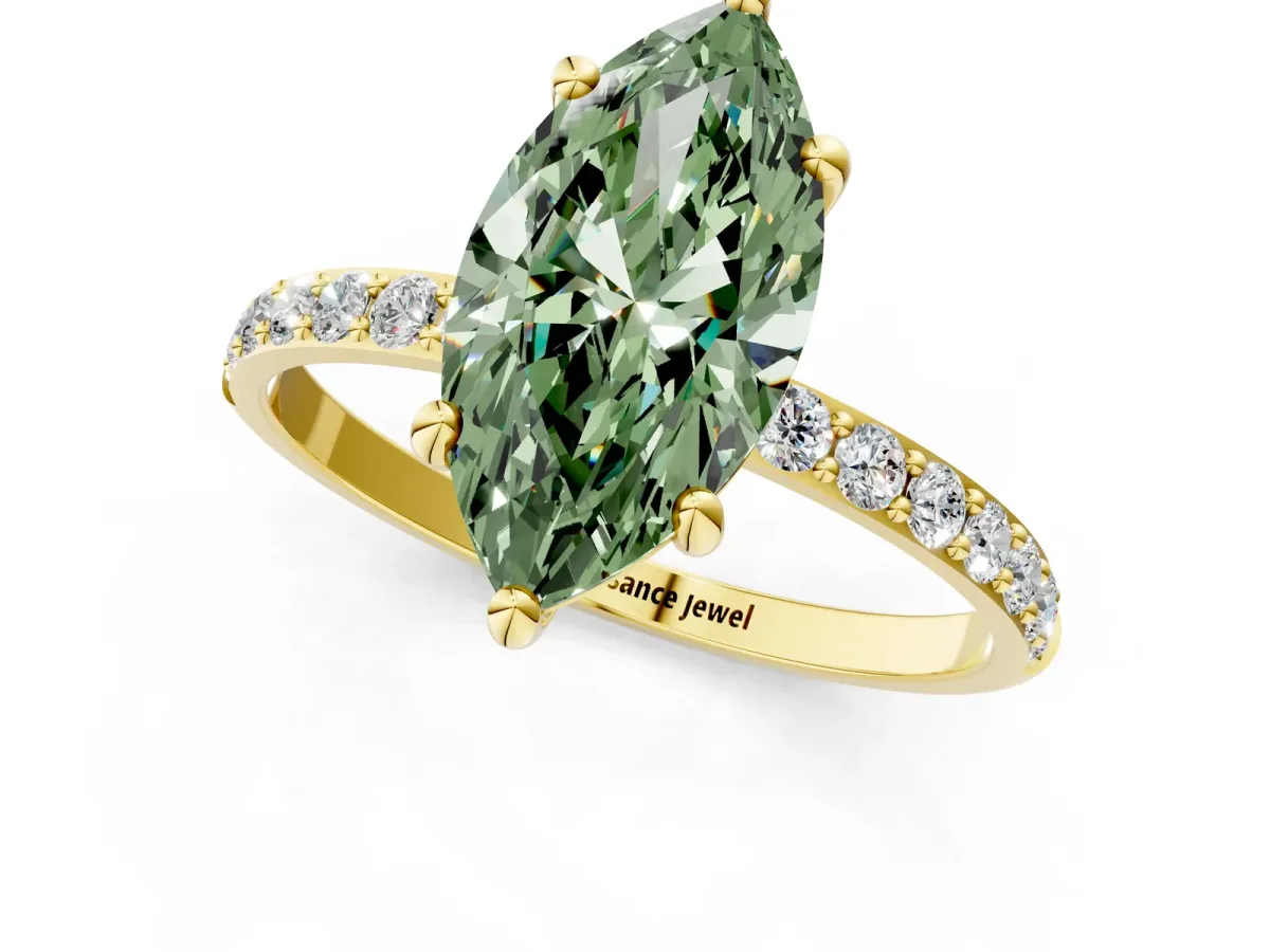 Fancy Green Marquise Cut Diamond Solitaire Ring with Round Pavé Band and Prong Setting Yellow gold