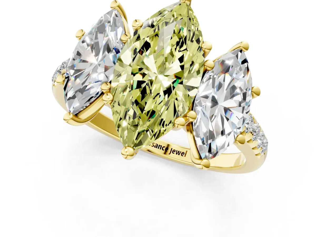 Fancy Yellow Three-Stone Marquise Cut Diamond Ring with Round Pavé Band and Prong Setting Yellow gold