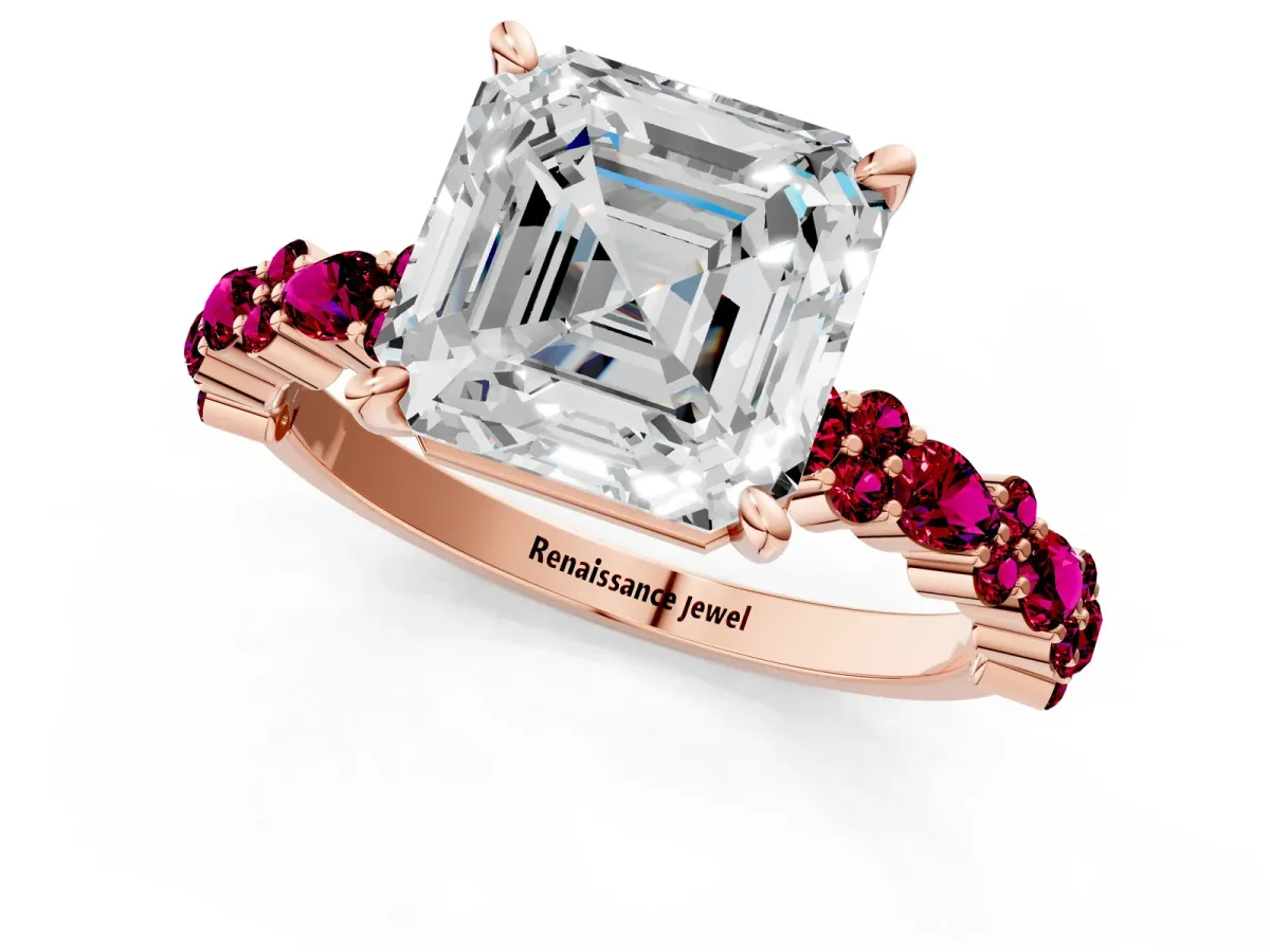 Asscher Cut Diamond Side Stone Solitaire Ring with Round Garnet and Four-Prong Setting Rose gold