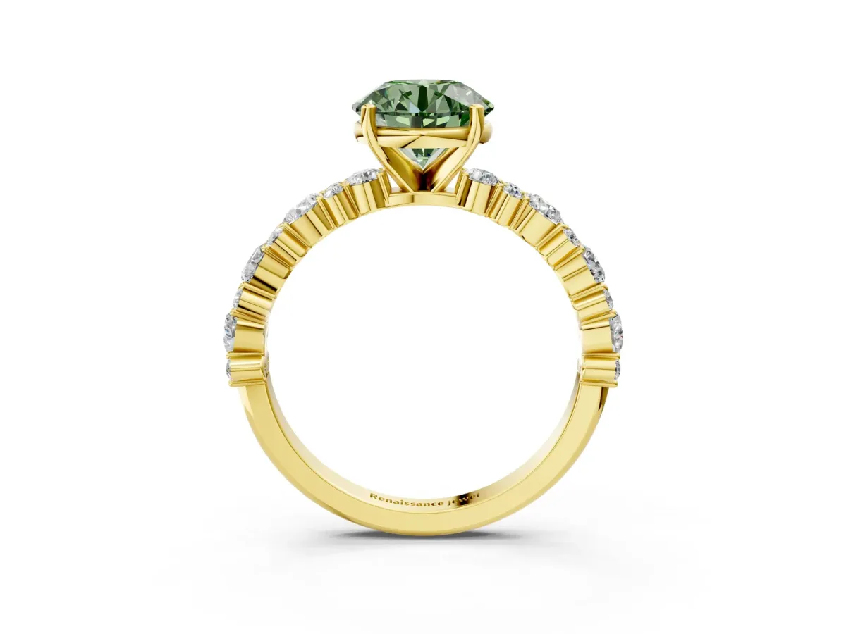 Fancy Green Round Cut Diamond Side Stone Solitaire Ring with Round and Four-Prong Setting Yellow gold