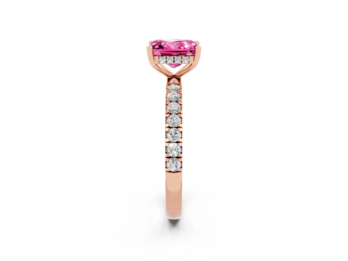 Princess Cut Pink Sapphire Pave Band Solitaire Ring with Round and Prong Setting Rose gold