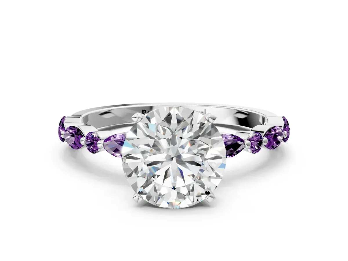Round Cut Diamond Ring with Marquise and Round Amethyst Side Stones and Four-Prong Setting Silver