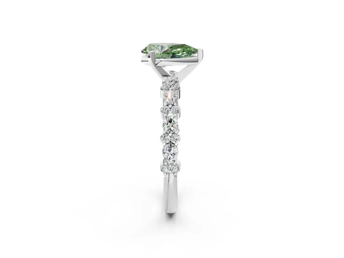 Fancy Green Pear Cut Diamond Side Stone Solitaire Ring with Round and Four-Prong Setting Platinum