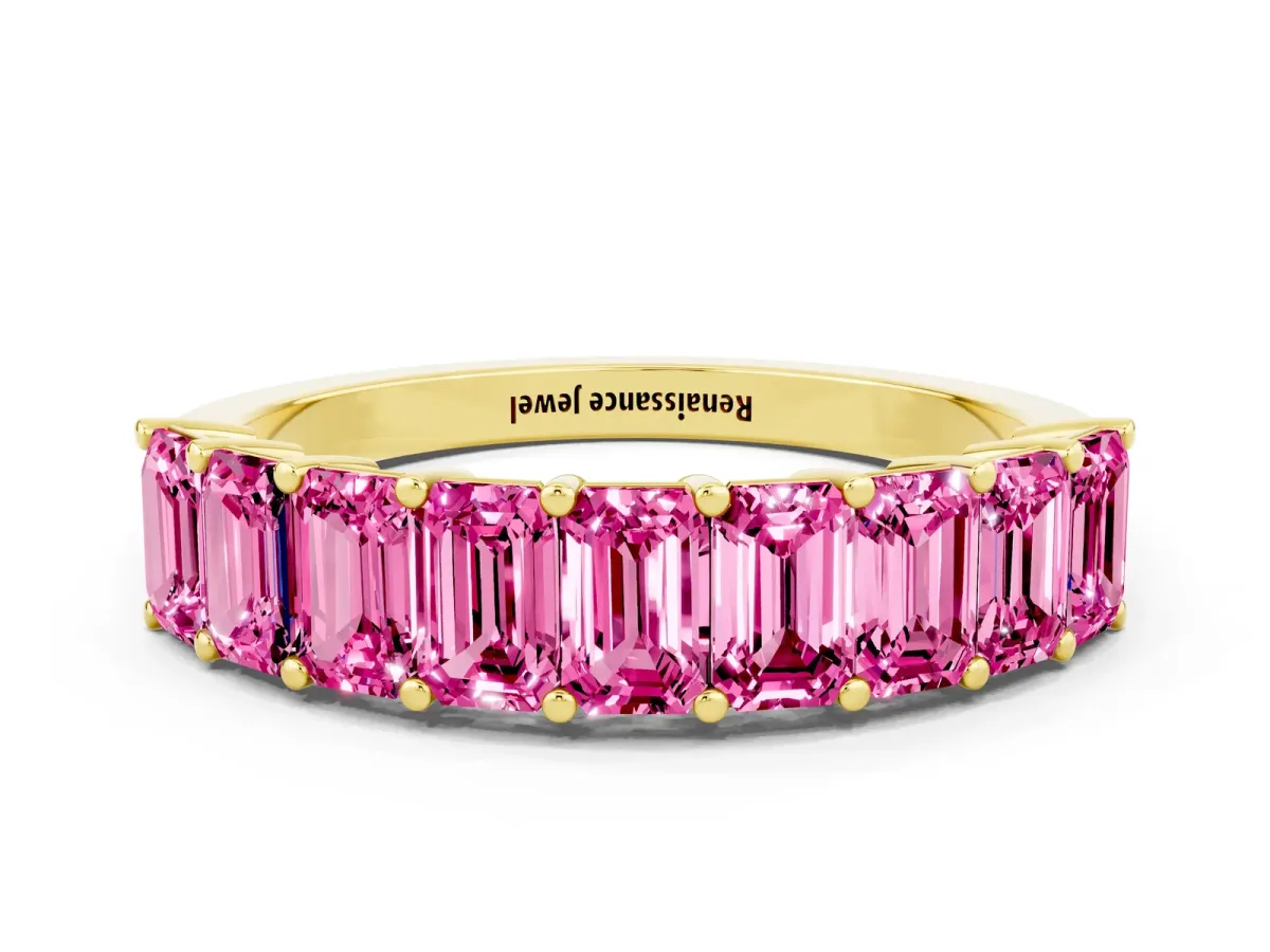 Emerald Cut Pink Sapphire Prong-Set Eternity Band Yellow gold