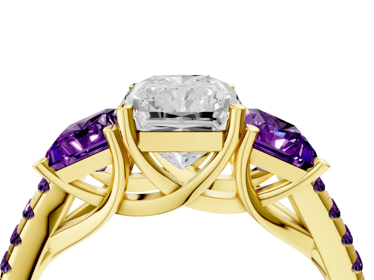 Three-Stone Radiant Cut Diamond Ring with Round Amethyst Pavé Band and Prong Setting Yellow gold