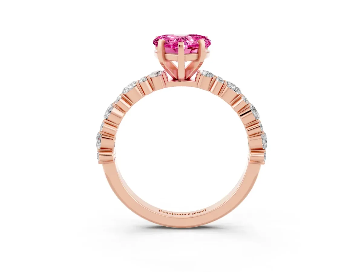 Heart Cut Pink Sapphire Side Stone Solitaire Ring with Round and Four-Prong Setting Rose gold