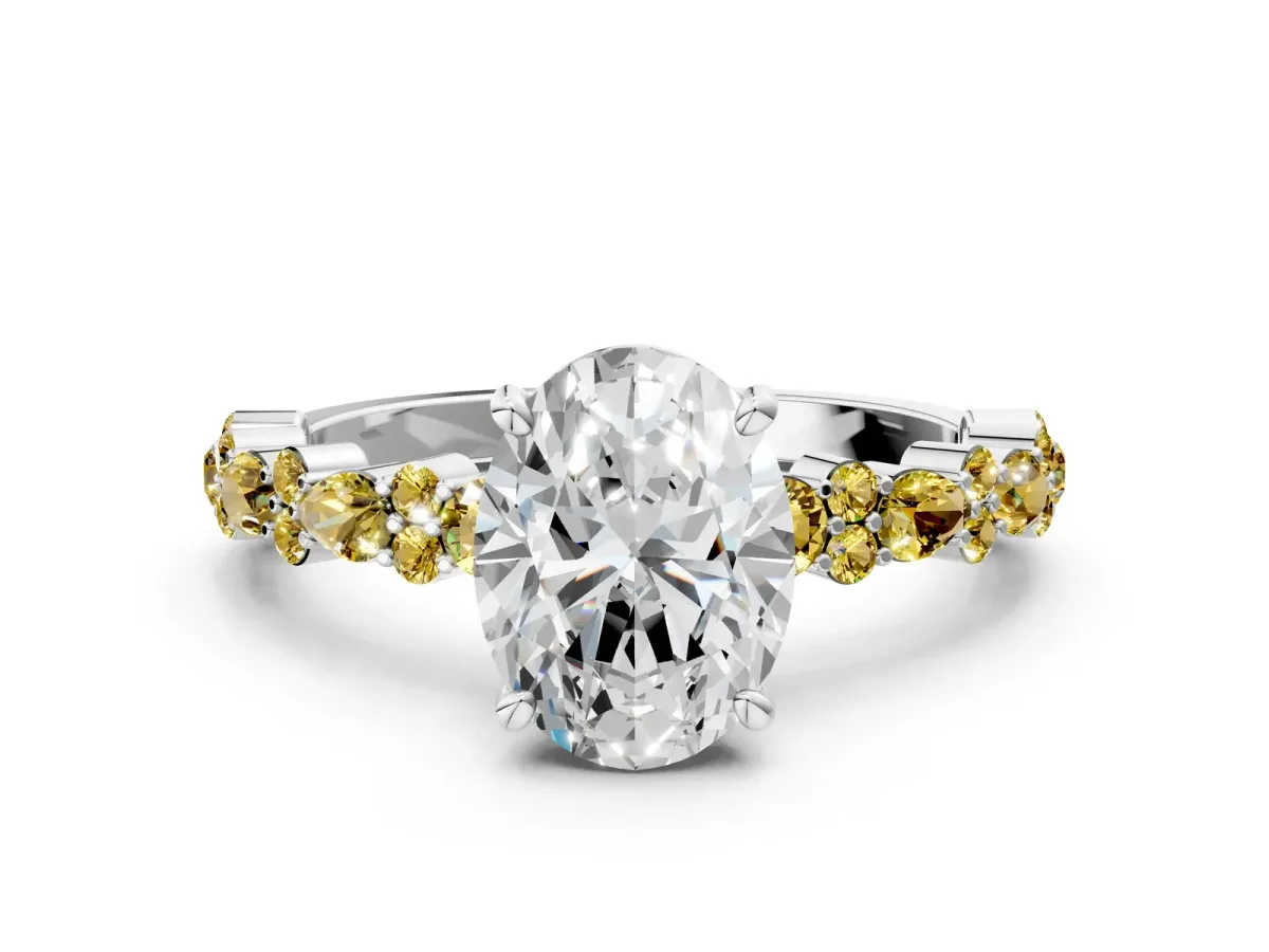 Oval Cut Diamond Side Stone Solitaire Ring with Round Yellow Sapphire and Four-Prong Setting White gold