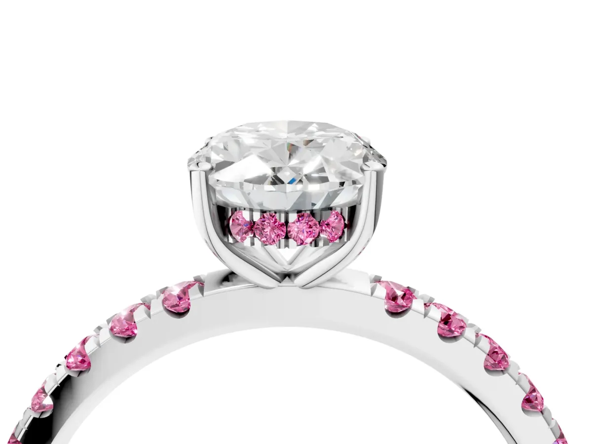 Oval Cut Diamond Pave Band Solitaire Ring with Round Pink Sapphire and Prong Setting Platinum
