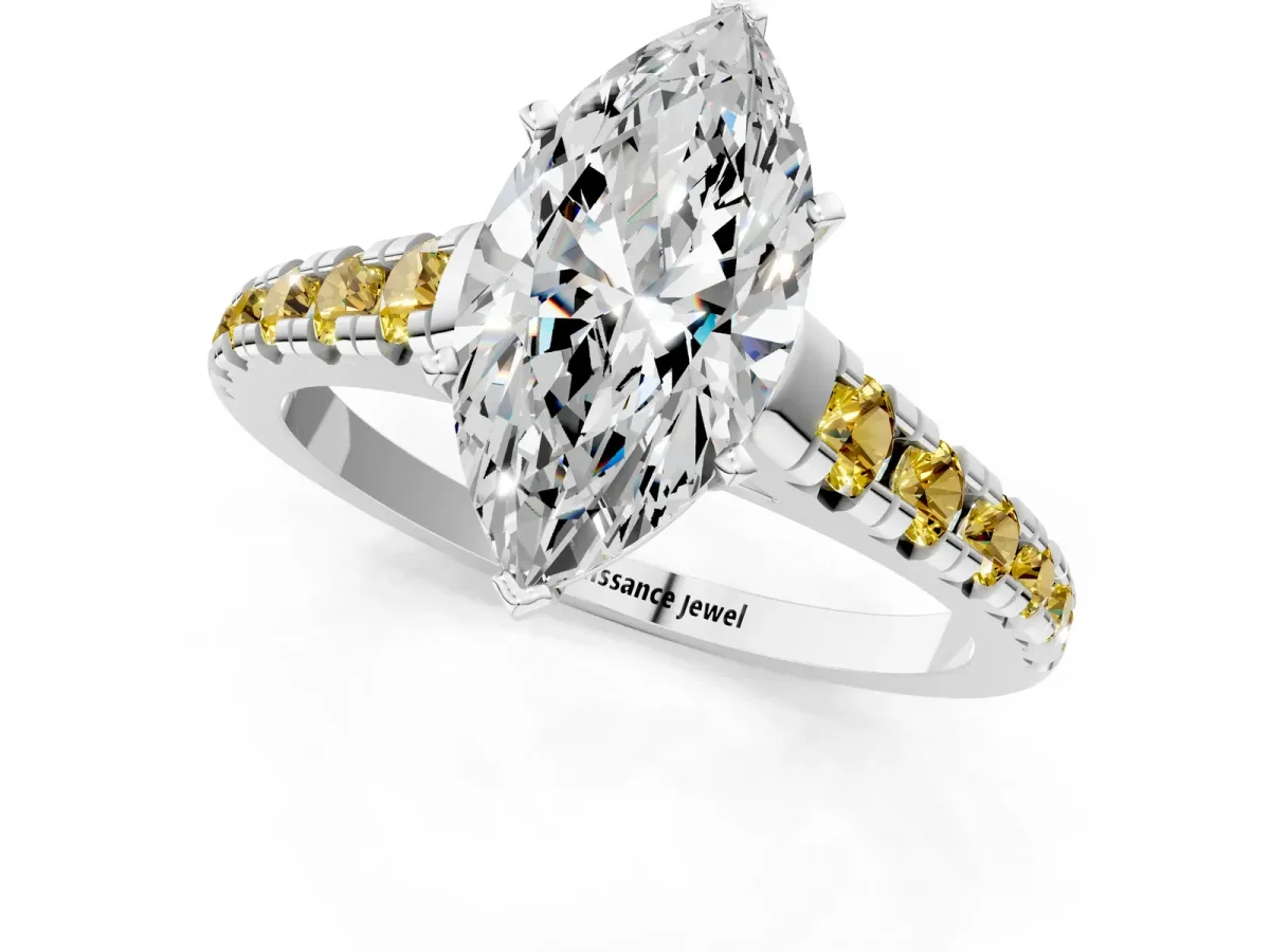 Marquise Cut Diamond Cathedral Solitaire Ring with Round Yellow Sapphire Pavé Band Silver