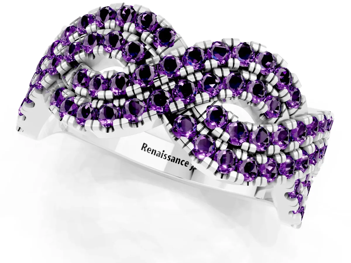 Pavé Round Amethyst Infinity Twist Band with Shared Prong Setting Platinum