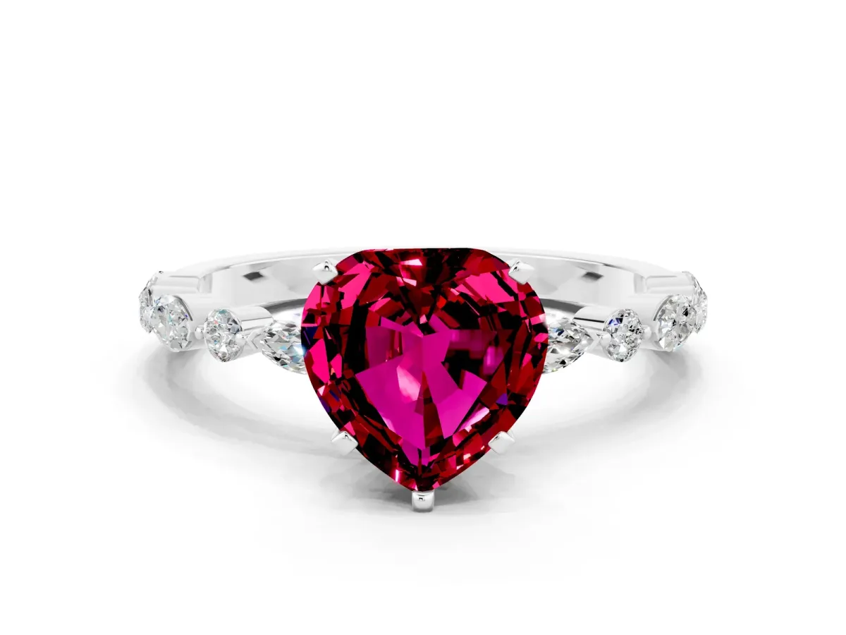 Heart Cut Garnet Ring with Marquise and Round Side Stones and Four-Prong Setting Silver