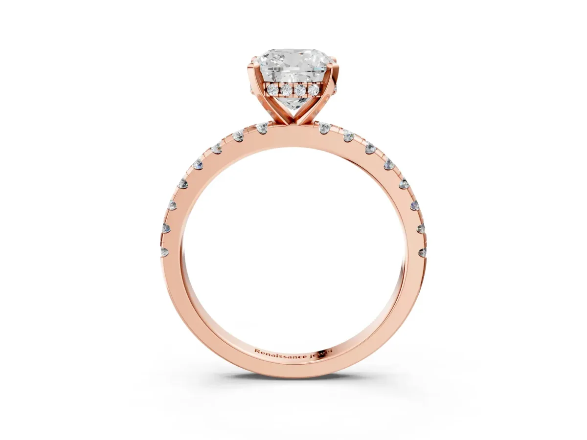 Cushion Cut Diamond Solitaire Ring with Round Pavé Band and Four-Prong Setting Rose gold