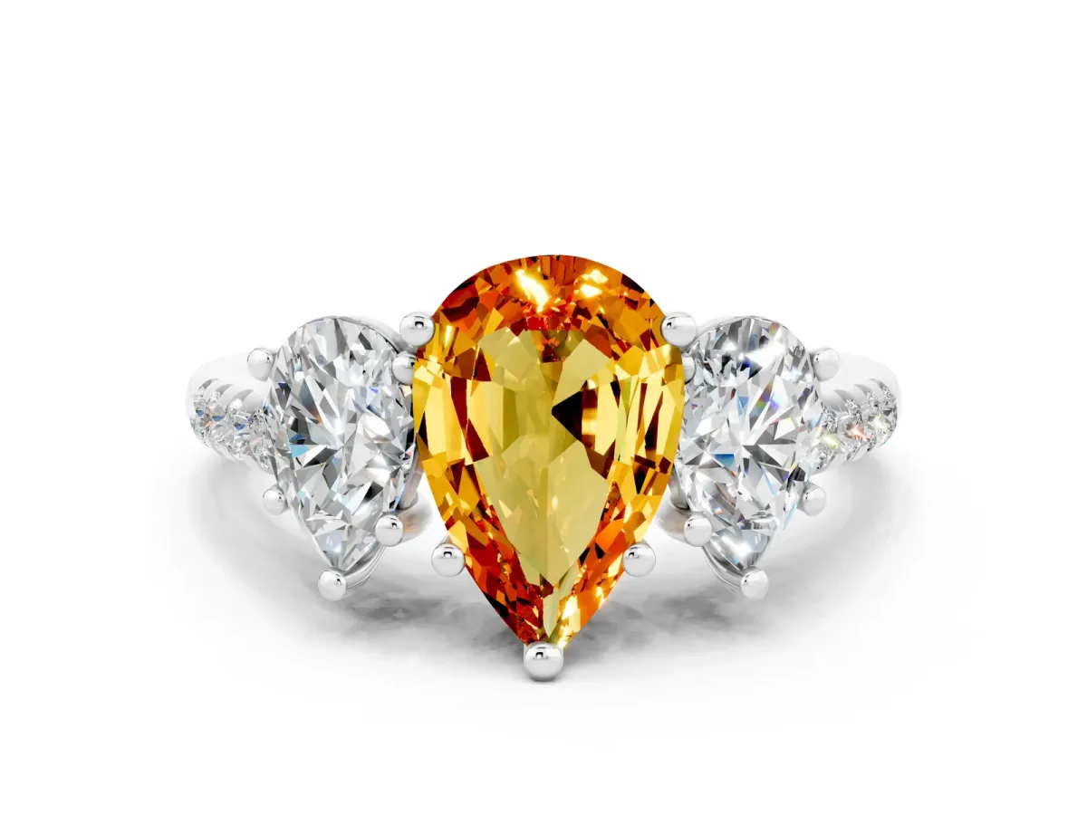 Three-Stone Pear Cut Citrine Ring with Round Pavé Band and Prong Setting Silver