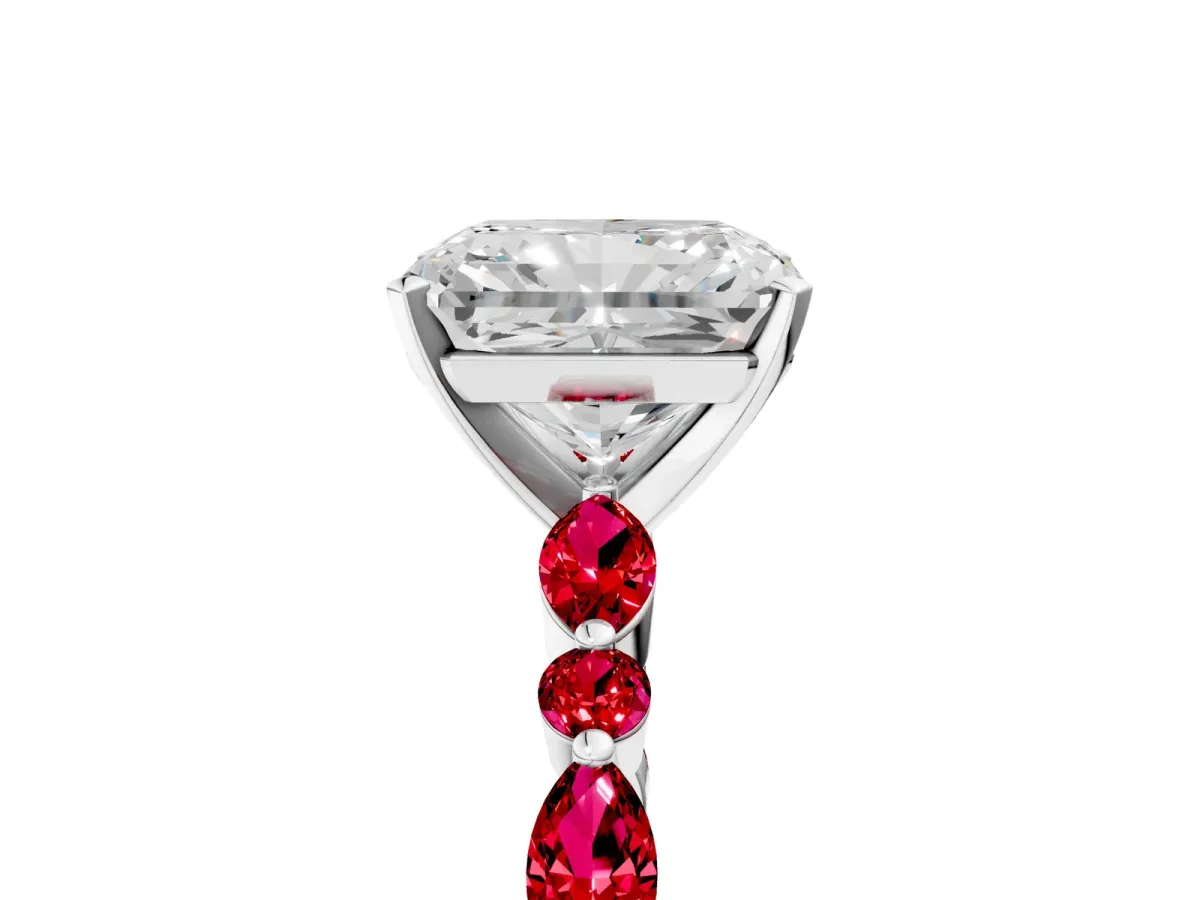 Radiant Cut Diamond Ring with Marquise and Round Ruby Side Stones and Four-Prong Setting White gold
