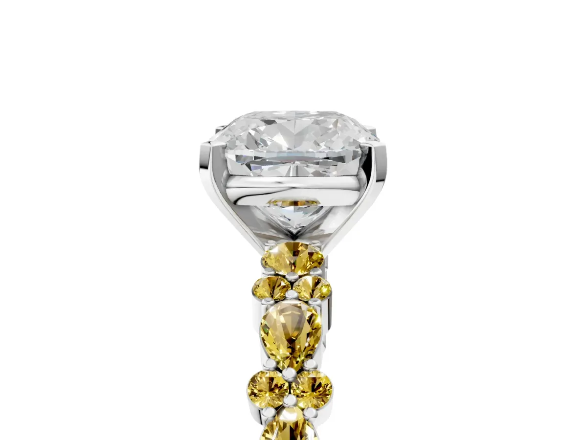 Cushion Cut Diamond Side Stone Solitaire Ring with Round Yellow Sapphire and Four-Prong Setting Platinum