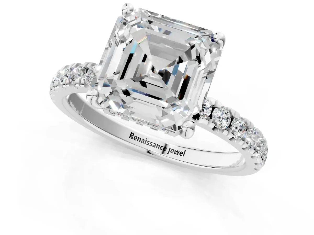 Asscher Cut Diamond Pave Band Solitaire Ring with Round and Prong Setting Platinum