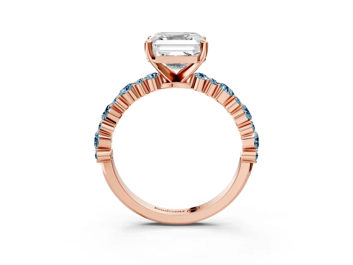Asscher Cut Diamond Side Stone Solitaire Ring with Round Aquamarine and Four-Prong Setting Rose gold