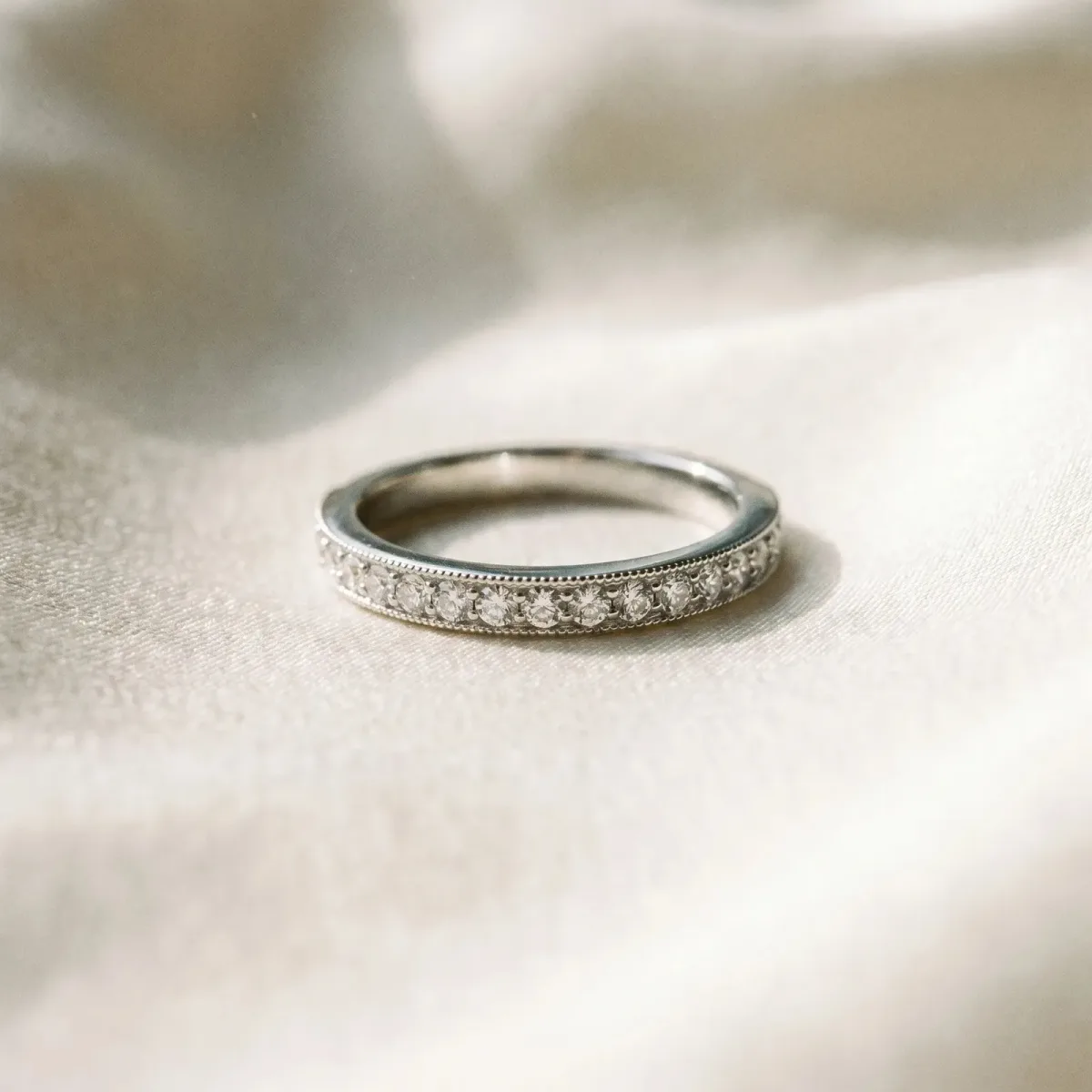 Round Diamond Pavé Set Milgrain Wedding Band Silver