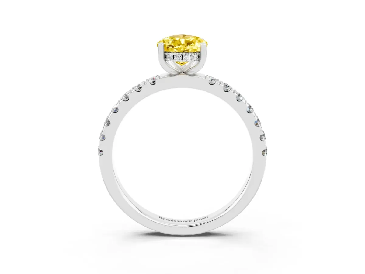Pear Cut Yellow Sapphire Pave Band Solitaire Ring with Round and Prong Setting Silver