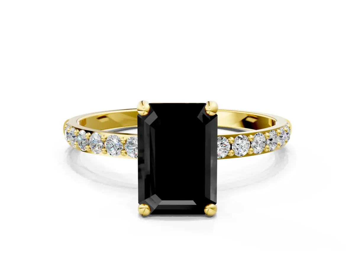 Fancy Black Emerald Cut Diamond Solitaire Ring with Round Pavé Band and Prong Setting Yellow gold