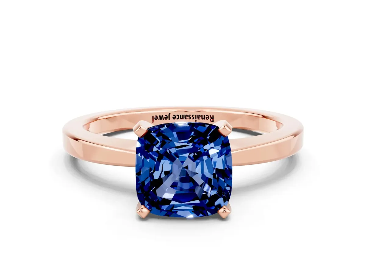 Cushion Cut Blue Sapphire Solitaire Engagement Ring with Classic Band and Four-Prong Setting Rose gold