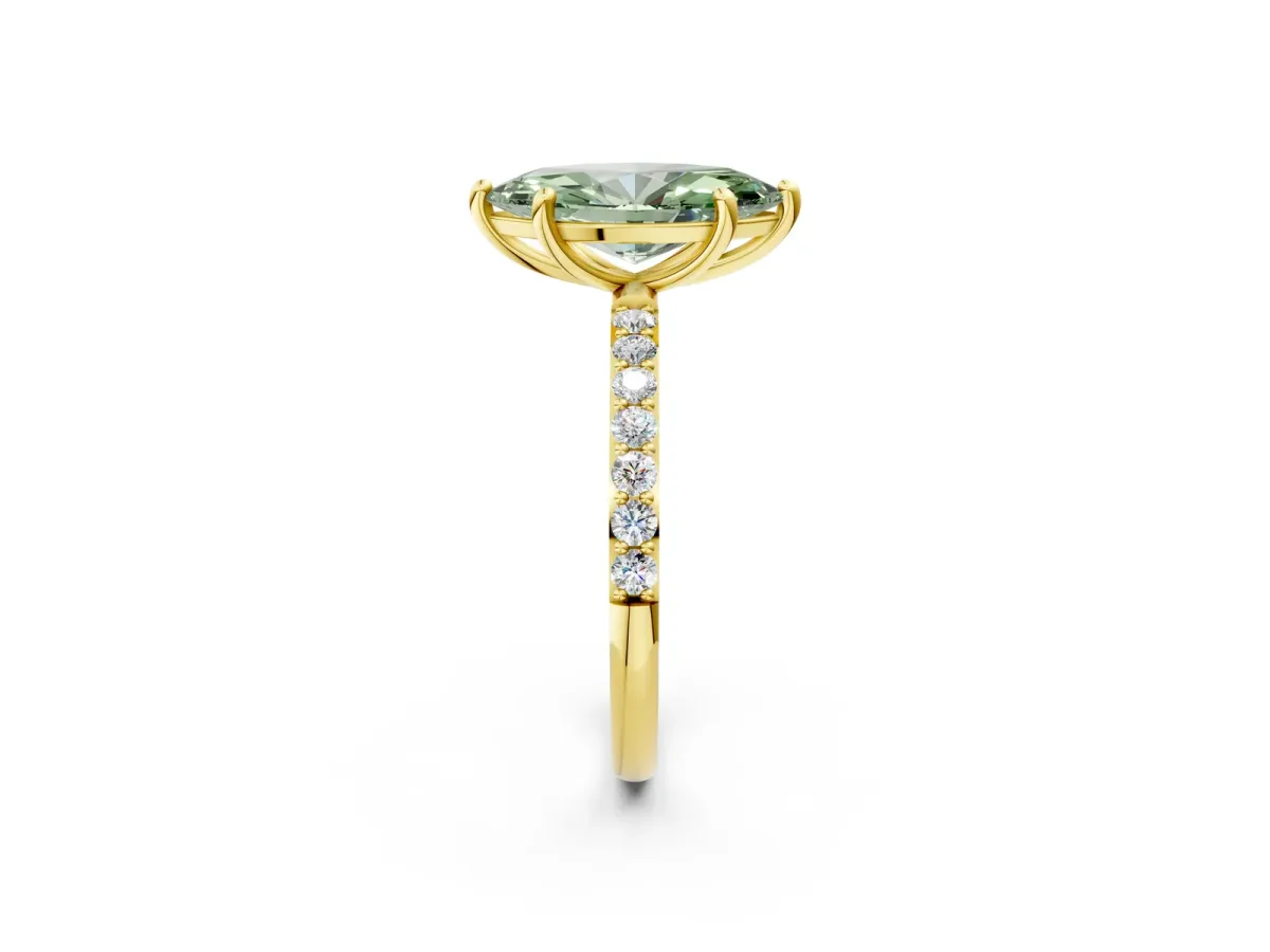 Fancy Green Marquise Cut Diamond Solitaire Ring with Round Pavé Band and Prong Setting Yellow gold