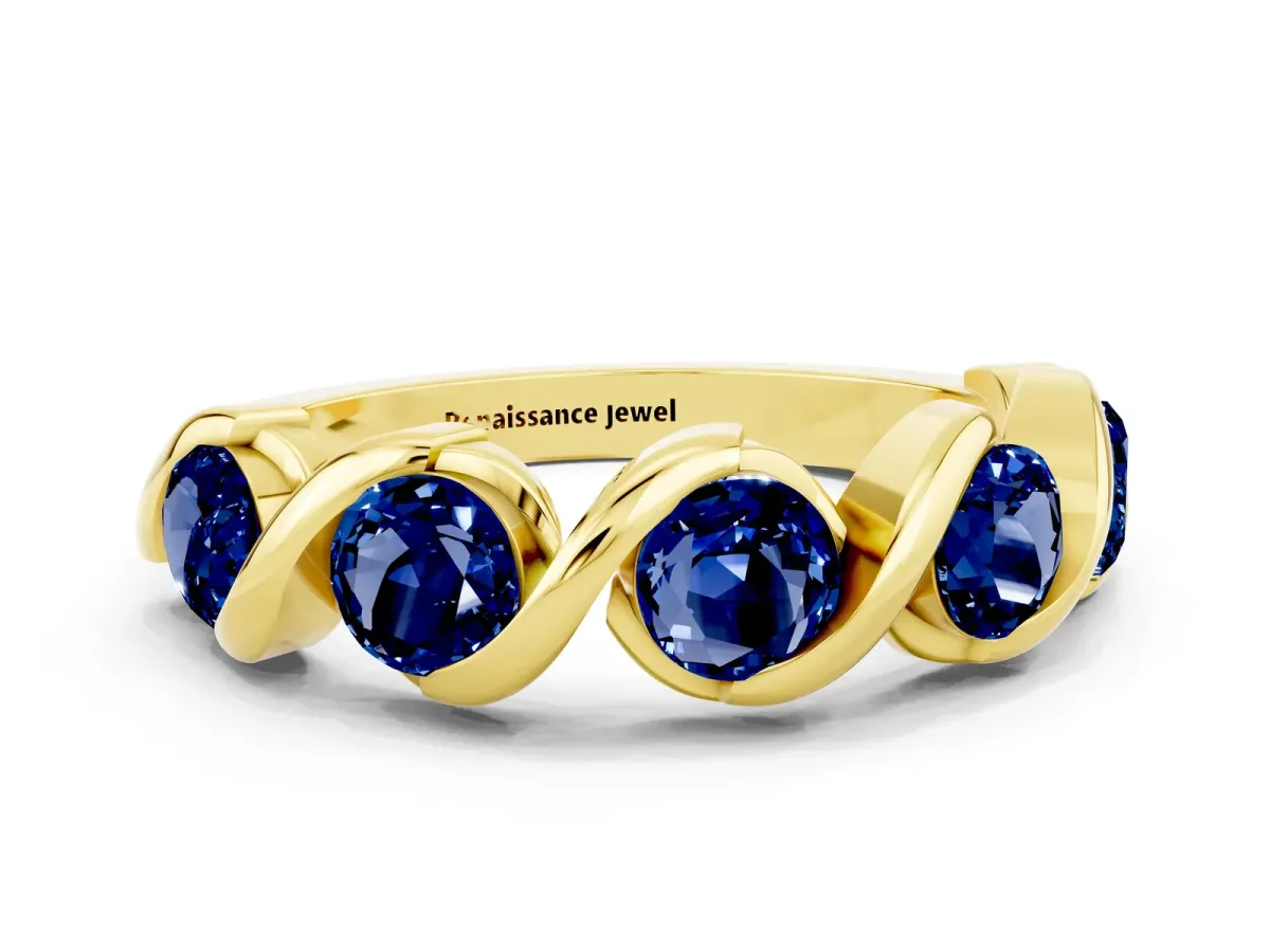 Round Blue Sapphire Wave Band with Channel Setting and Shared Prongs Yellow gold