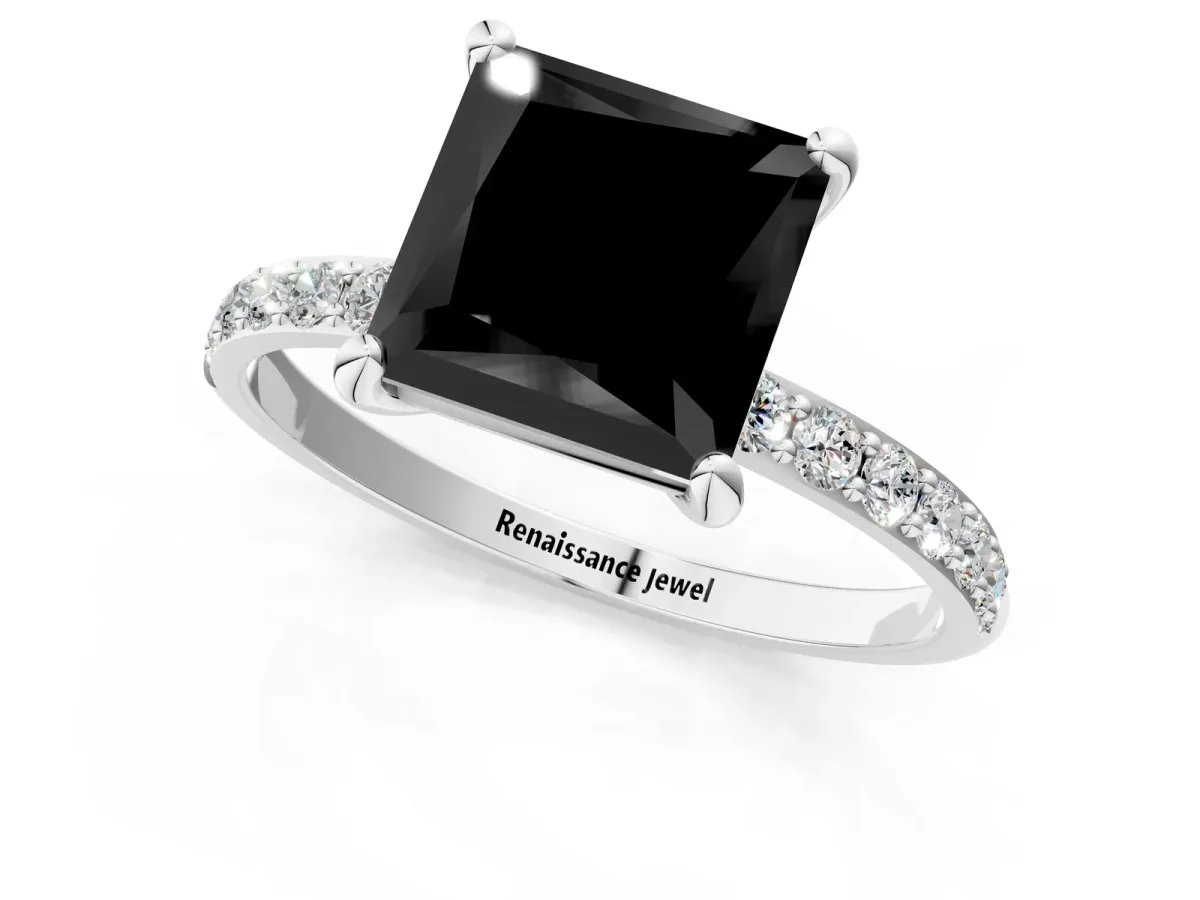 Fancy Black Princess Cut Diamond Solitaire Ring with Round Pavé Band and Prong Setting Silver