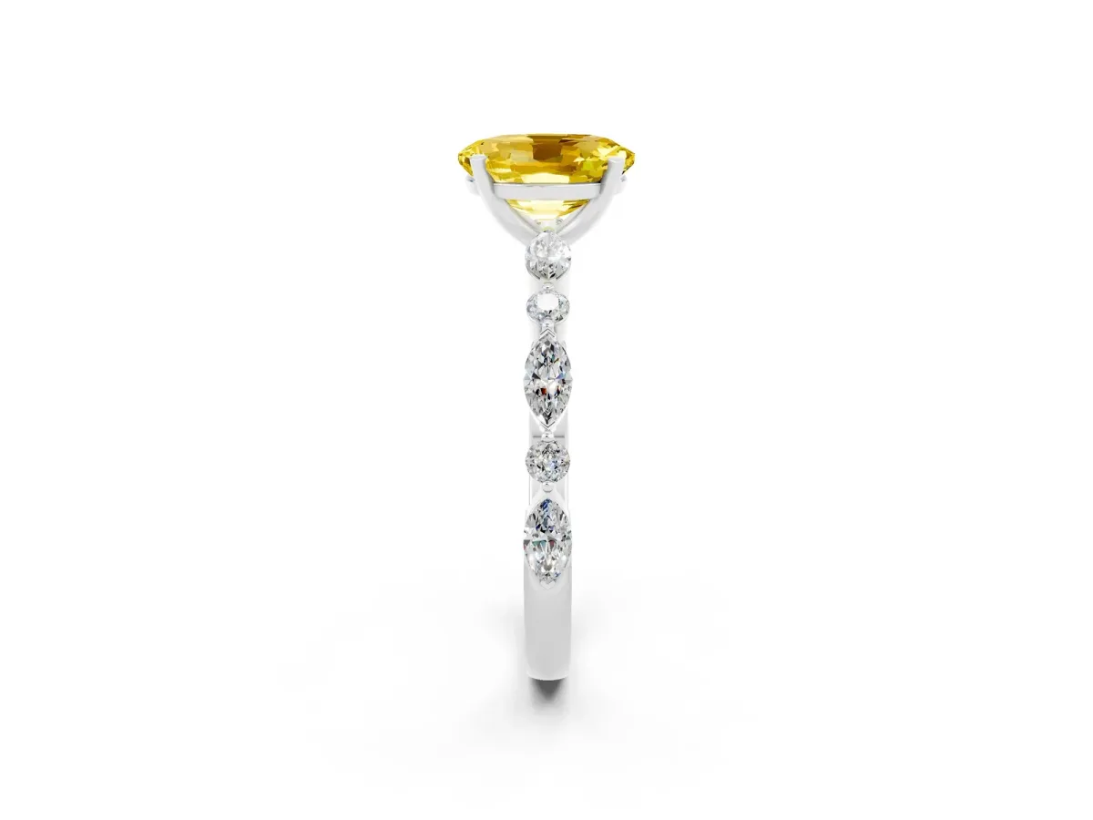 Oval Cut Yellow Sapphire Ring with Marquise and Round Side Stones and Four-Prong Setting Silver